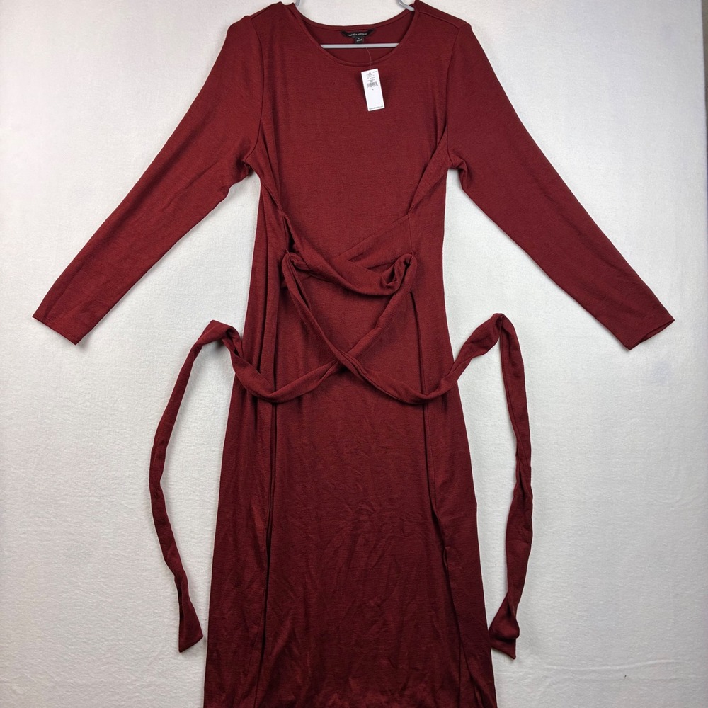 NWT Banana Republic Dress Women L Red Long Sleeve Tie Waist Soft Knit Midi Chic